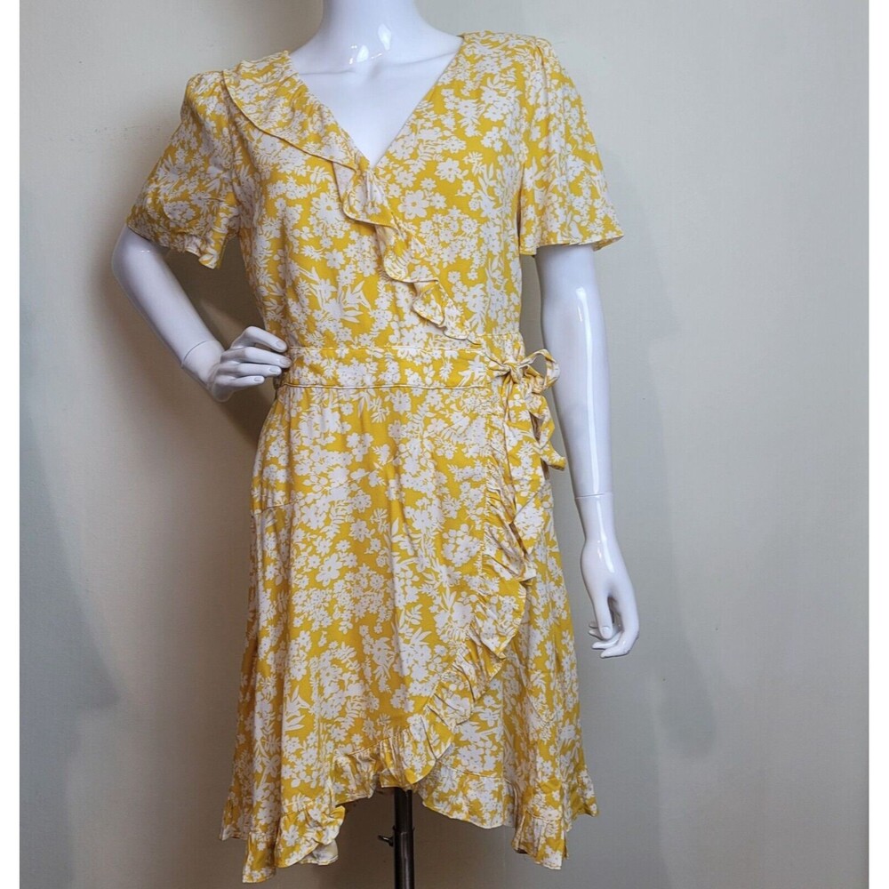 Skies Are Blue Yellow White Floral Ruffel Wrap Dress Size Small